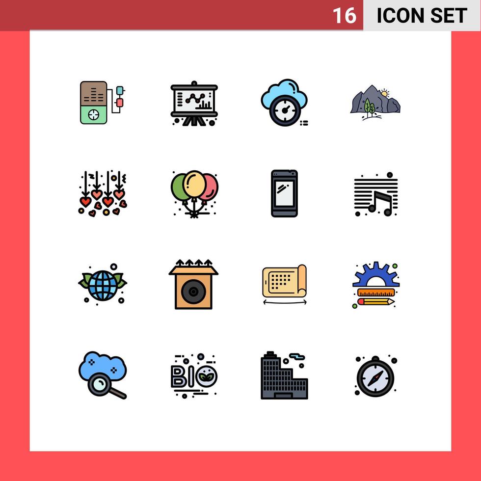 piktogram uppsättning av 16 enkel platt Färg fylld rader av hjärta träd tid berg landskap redigerbar kreativ vektor design element