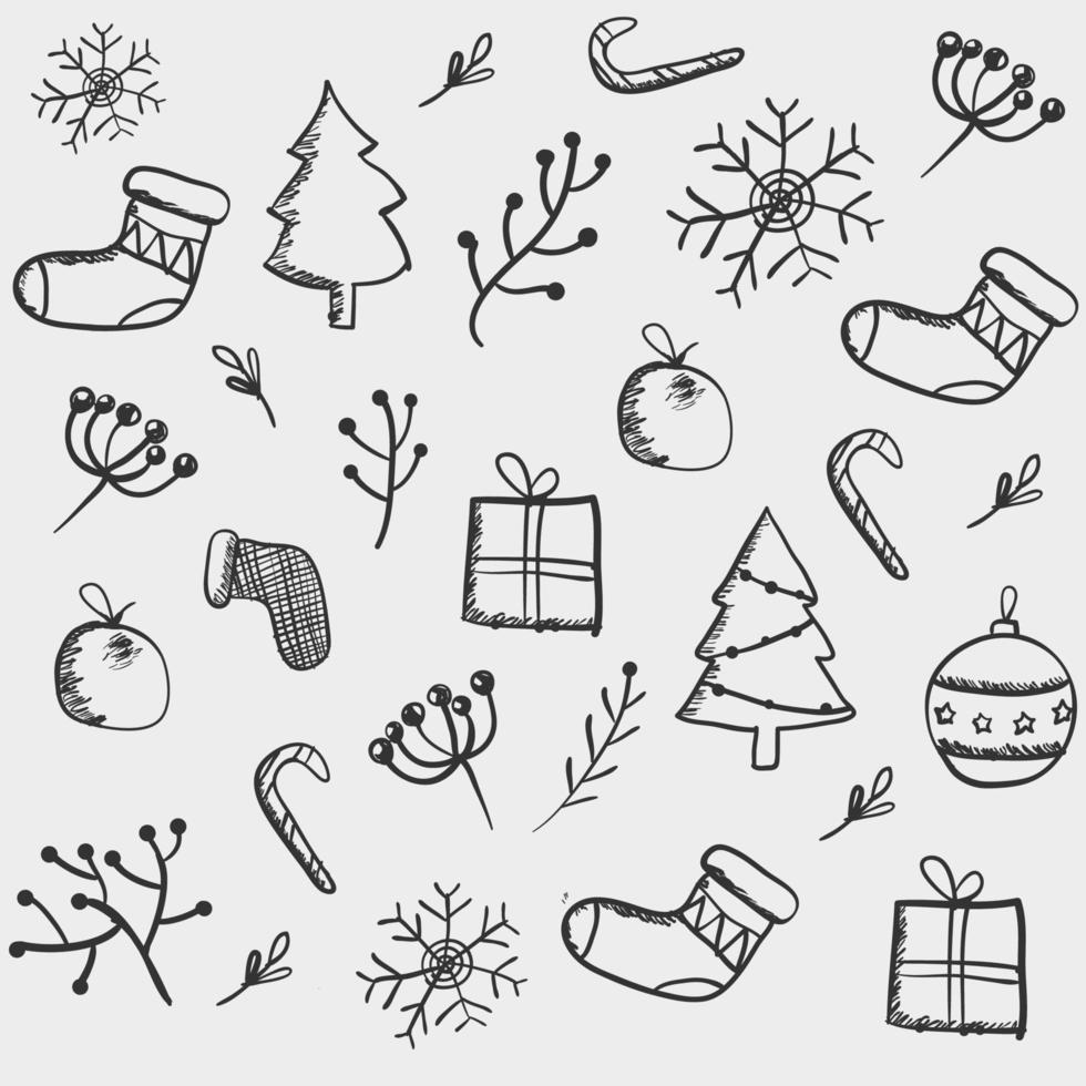 hand dragen jul element uppsättning med godis strumpor träd boll gåva låda och blad gren vektor