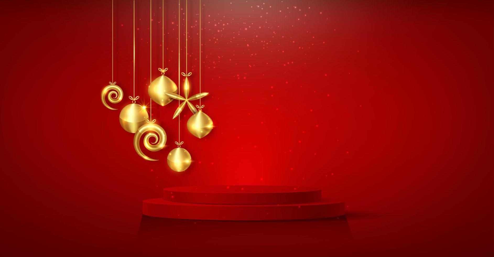 3D-Weihnachtspodium, Neujahrsparty, goldene Kugeln mit zylindrischer Form der Produktanzeige, goldene festliche Dekoration für die Feiertage. Luxus-Vorlage, Vektor isoliert auf rotem Hintergrund