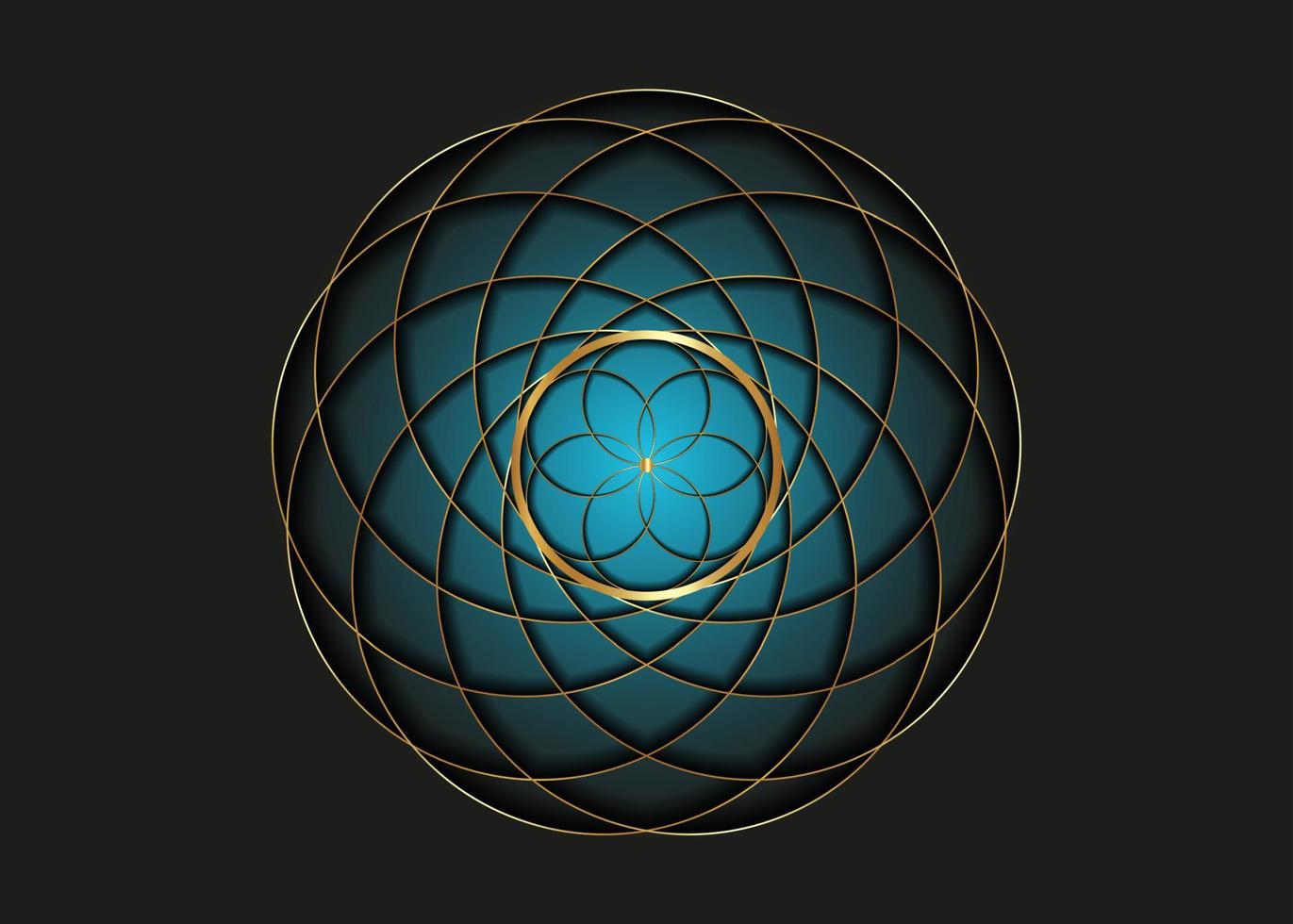 guld helig geometri, utsäde av liv symbol. logotyp ikon geometrisk mystiker mandala av alkemi esoterisk blomma av liv. vektor gyllene linje konst tatuering gudomlig meditativ amulett isolerat på svart bakgrund
