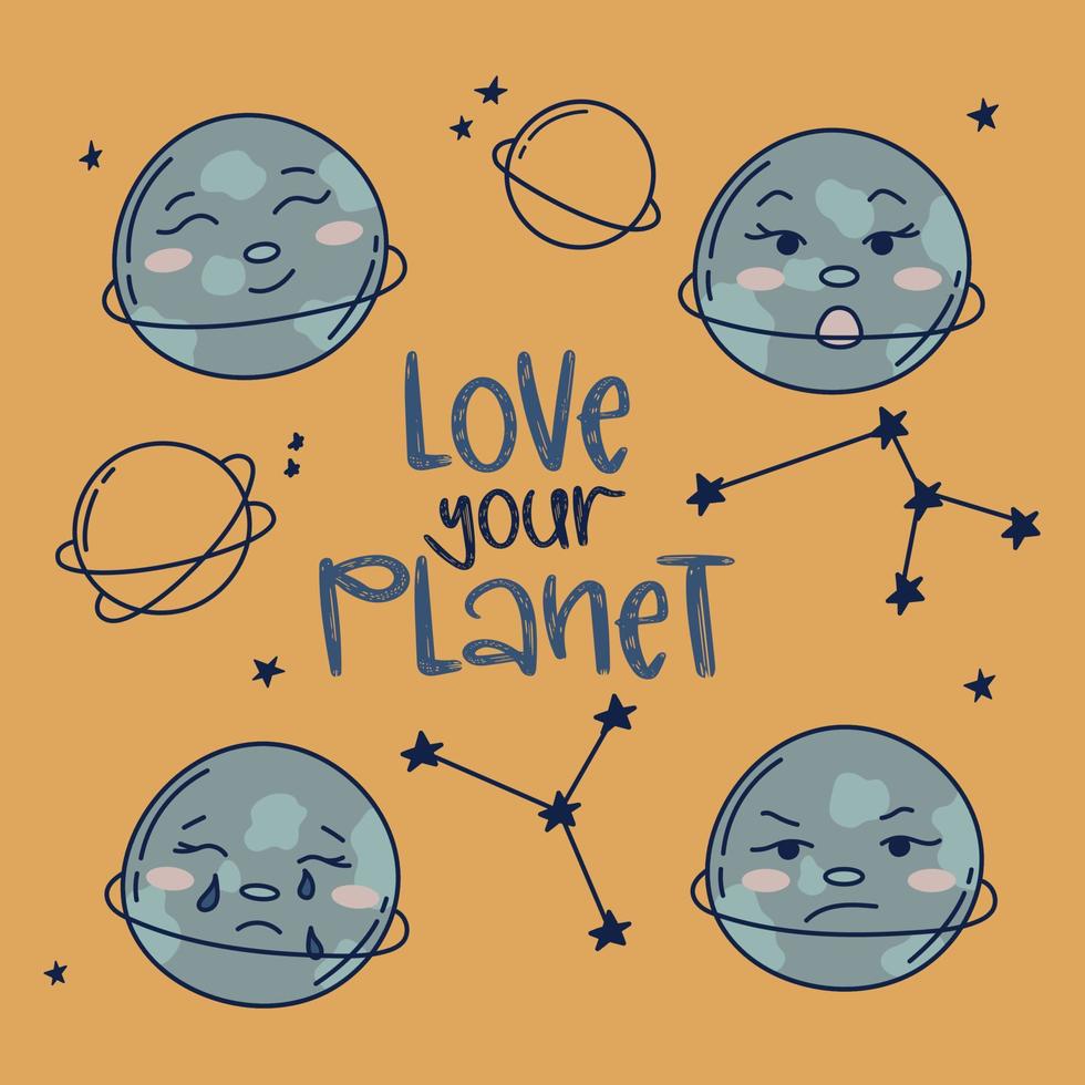 kärlek din planet klotter vektor illustration affisch. annorlunda känslor ledsen, Lycklig, arg, överraskad tecken. klotter stjärnor och planeter med text. kosmos astronomi illustration.