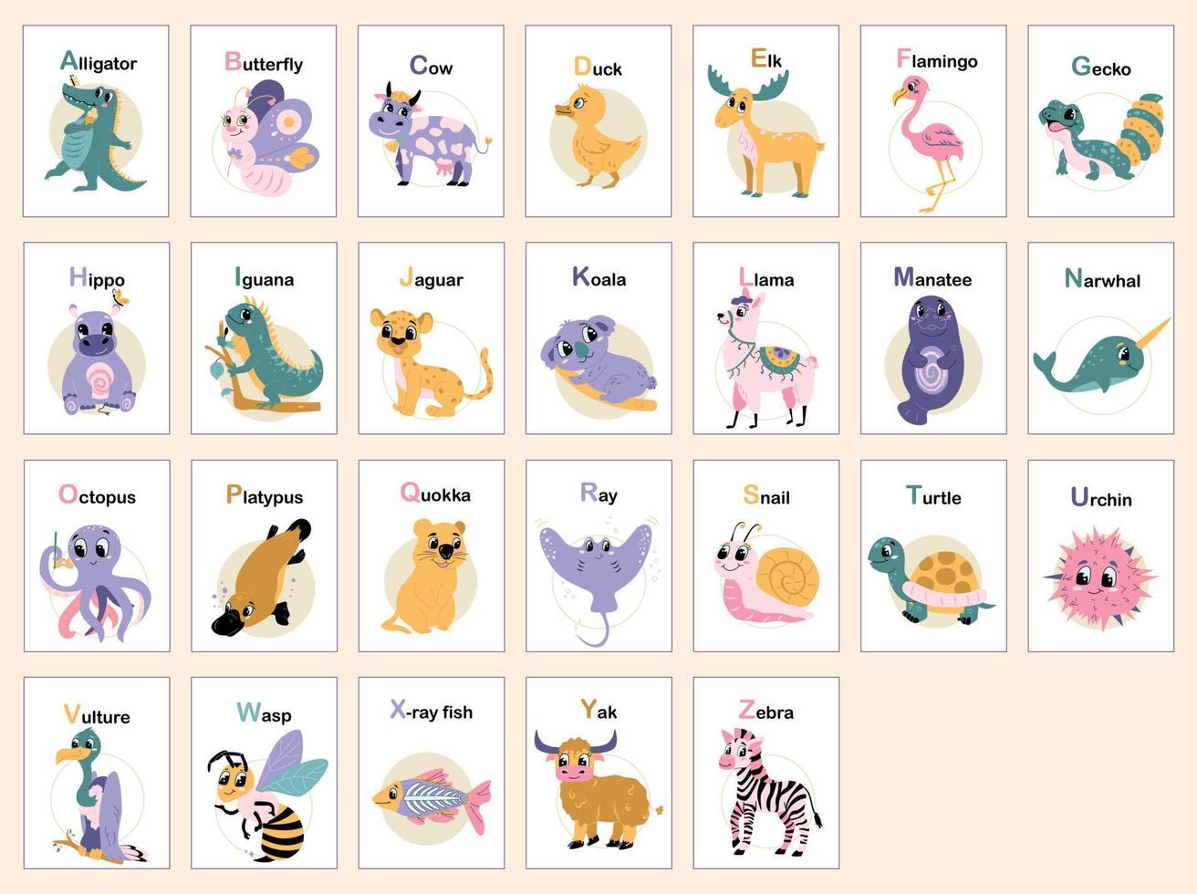 kindliches tieralphabet von a bis z. Lehrmaterial für Kinder. satz briefkarten mit tieren für plakate, karten, buch. vektor