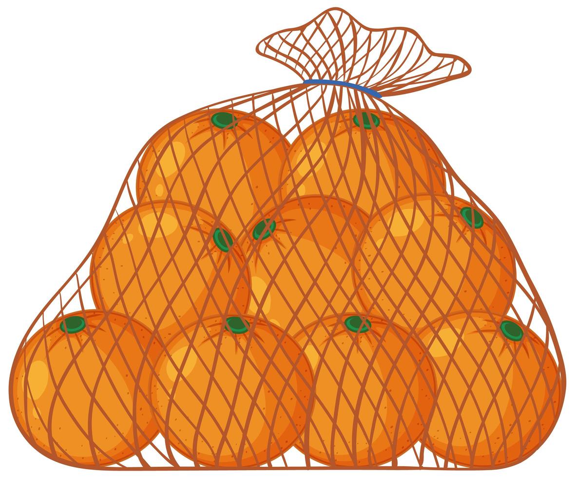 Orangen im Netzbeutel-Karikaturstil lokalisiert auf weißem Hintergrund vektor