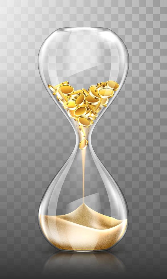 tid är pengar, timglas med guld mynt och sand vektor