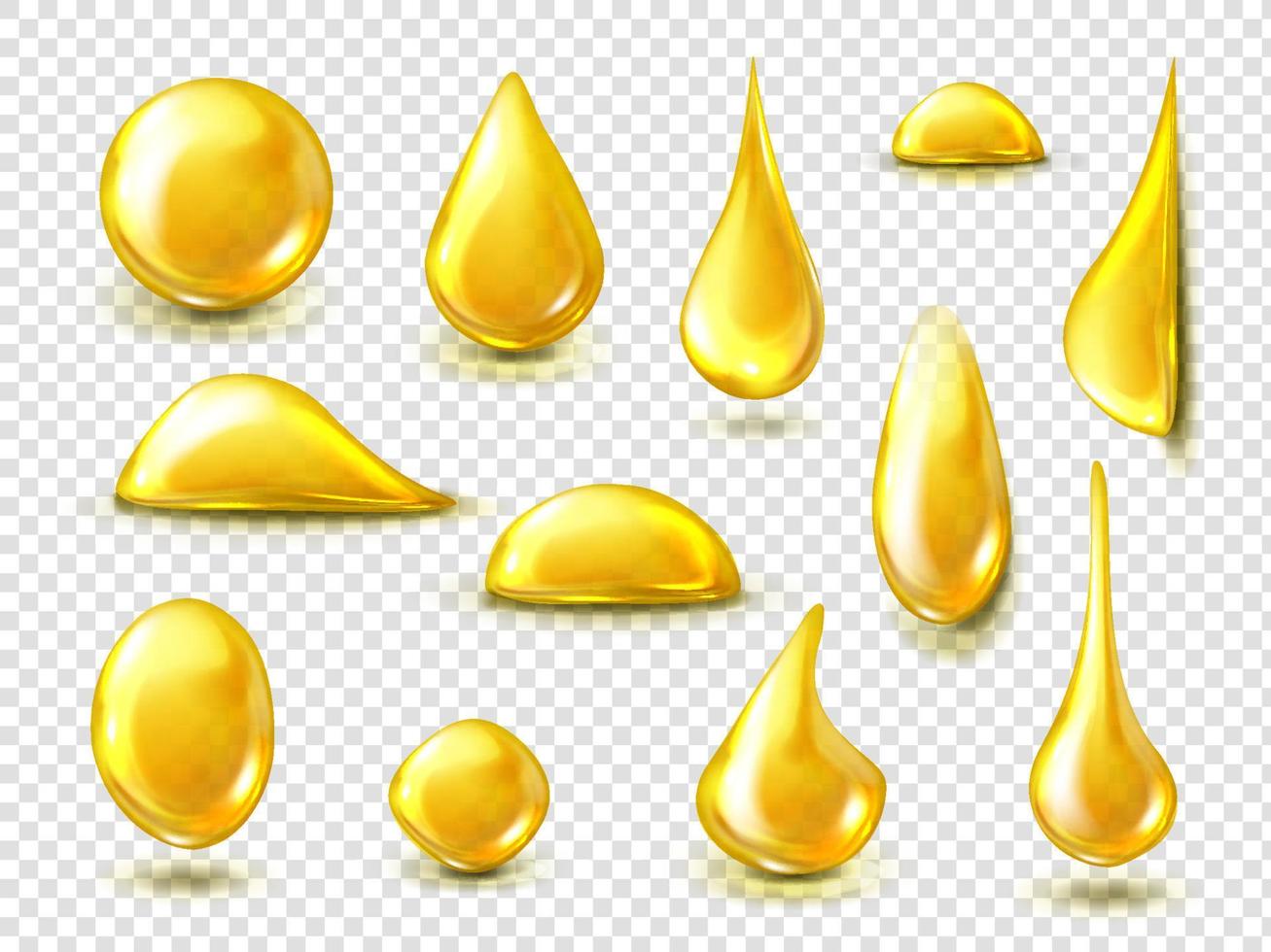realistisk uppsättning av gyllene droppar av olja eller honung vektor