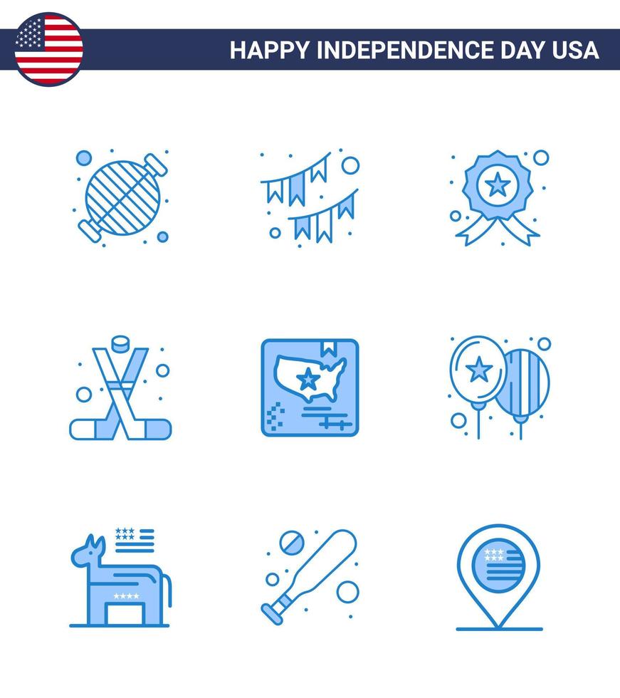 Stock Vector Icon Pack von American Day 9 Line Zeichen und Symbolen für American Ice Hockey Party Hockey Star editierbare Usa Day Vektor Design Elemente