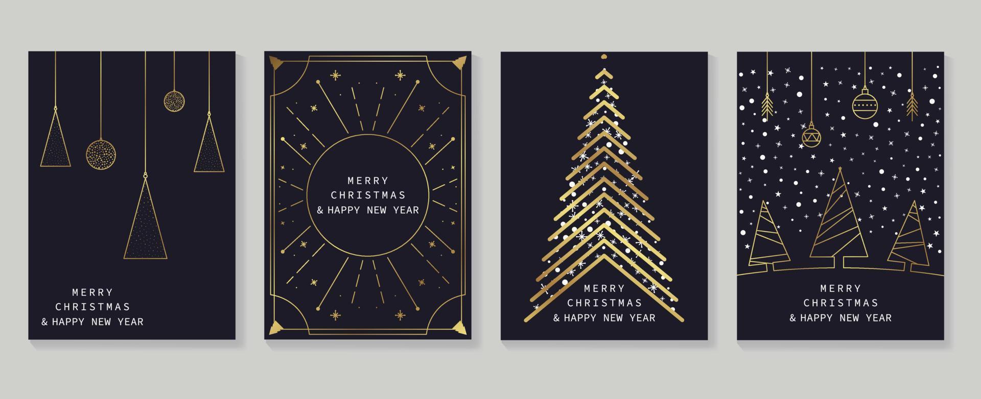 uppsättning av lyx jul och ny år kort konst deco design vektor. elegant lutning guld linje konst av jul träd, struntsak på mörk bakgrund. design för omslag, hälsning kort, skriva ut, posta, hemsida. vektor