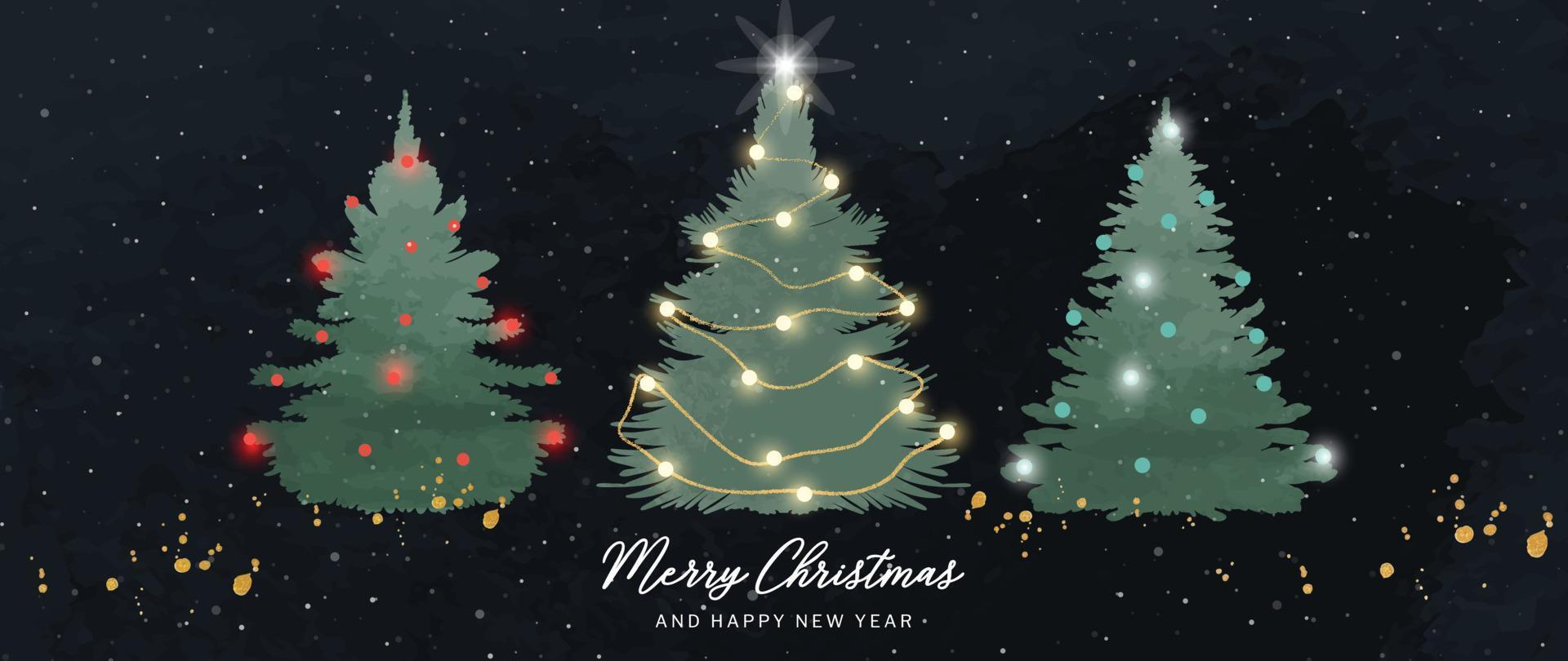 aquarell weihnachten und guten rutsch ins neue jahr hintergrundvektor. handgemalter weihnachtsbaum mit dekorativem glühendem lichtdraht auf dunklem hintergrund. design für tapete, cover, einladungskarte, poster. vektor