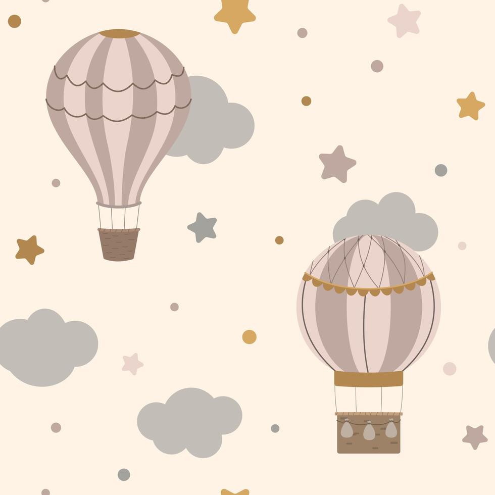 tecknad serie varm luft ballong barnkammare sömlös bakgrund med moln och stjärnor på beige bakgrund. design för barns tyg, textilier, eller tapet. vektor