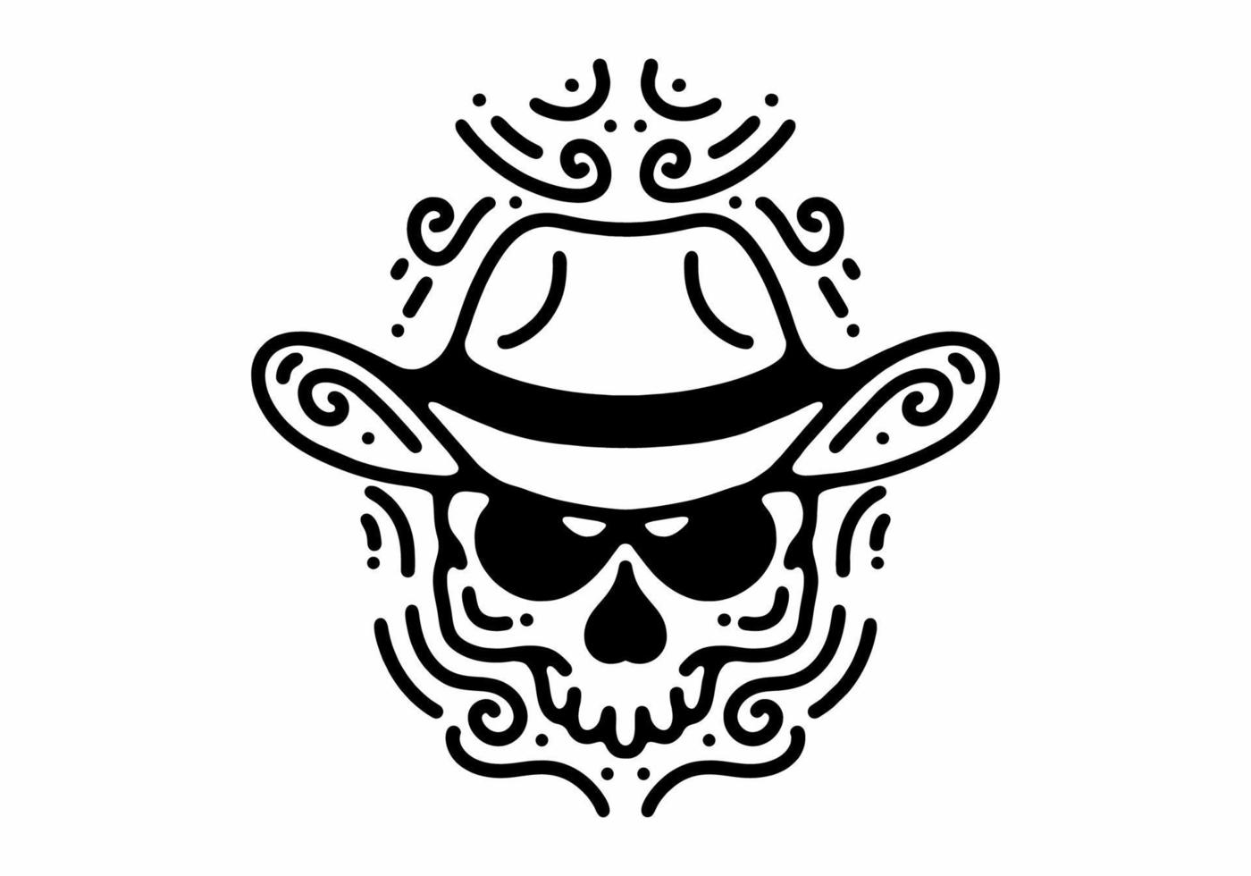 Totenkopf mit Cowboyhut Schwarz-Weiß-Strichzeichnung Mono-Linien-Tätowierung vektor