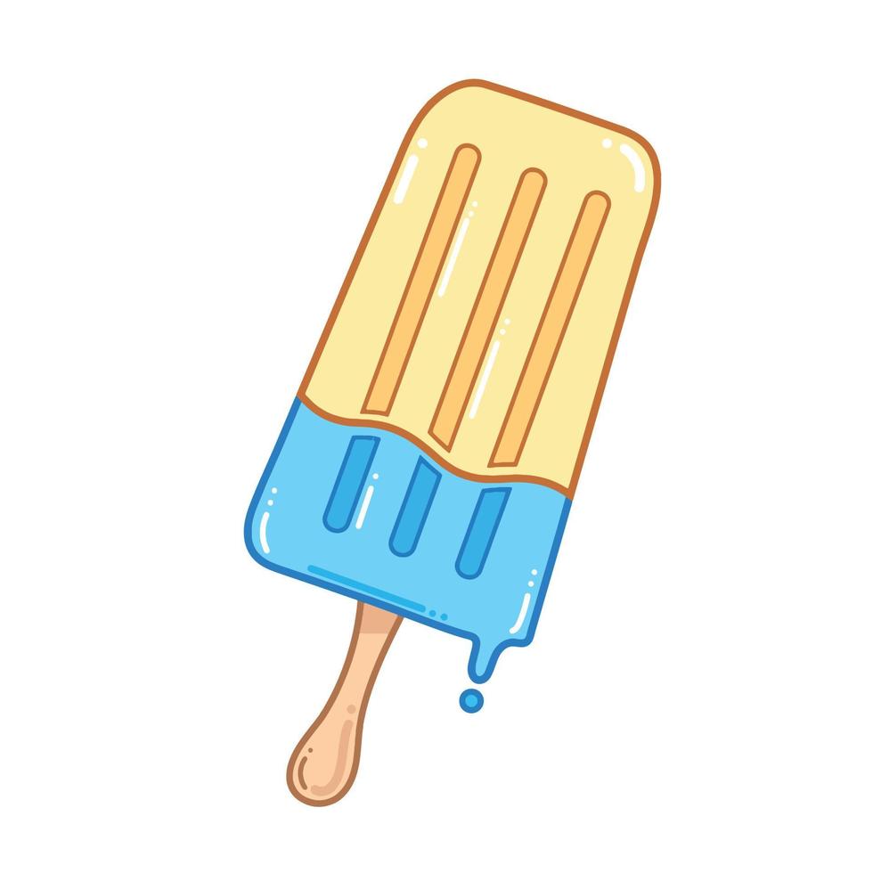 niedliche gelbe und babyblaue eiscreme-eis am stiel-vektorillustration. Sommerlebensmittel-Themenzeichnung mit flachem Cartoon-Stil und sauberem Umriss isoliert auf weißem Hintergrund. vektor