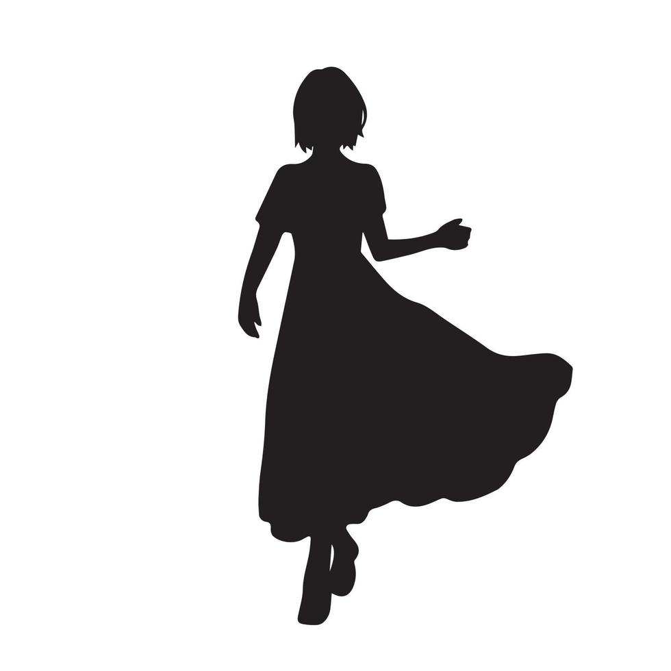 Mode-Model-Pose-Stil zu Fuß mit langem, fließendem Kleid, Vektorsymbol-Silhouette, isoliert auf weißem Hintergrund. schwarzes piktogramm der weiblichen jugendlich frau, die mit einfachem flachem artstil halbrealismus zeichnet. vektor