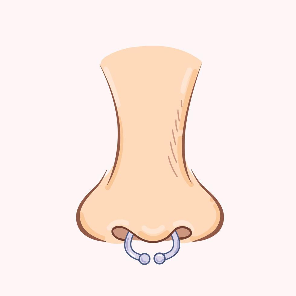 silberne Nasenpiercing-Vektorillustration mit Cartoon-Stil-Ikone. Menschliches Nasenteil isoliertes Piktogramm auf schlichter hellrosa oder brauner Hintergrunddekoration mit flachem Kunststil. vektor