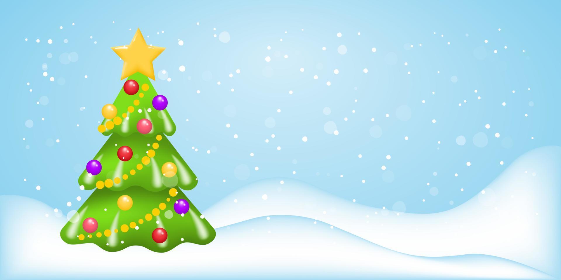 Weihnachtsbaum mit Schnee. festlicher winterhintergrund mit einem geschmückten weihnachtsbaum und schneeverwehungen. vektorvorlage für ein frohes neues jahr oder ein frohes weihnachtsgrußbanner, ein poster oder eine postkarte. Vektor. vektor