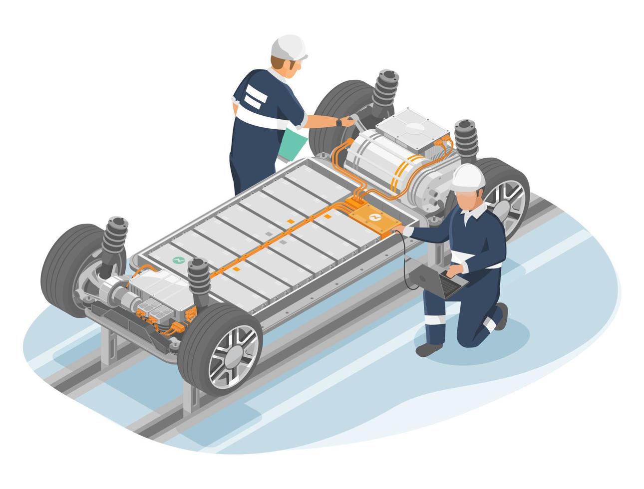 elektroauto-ingenieur produktion ev automontage industrie anlagenbau lithium-batterie li-ionen-pack teile arbeiter überprüfen isometrische isolierte vektorillustration vektor