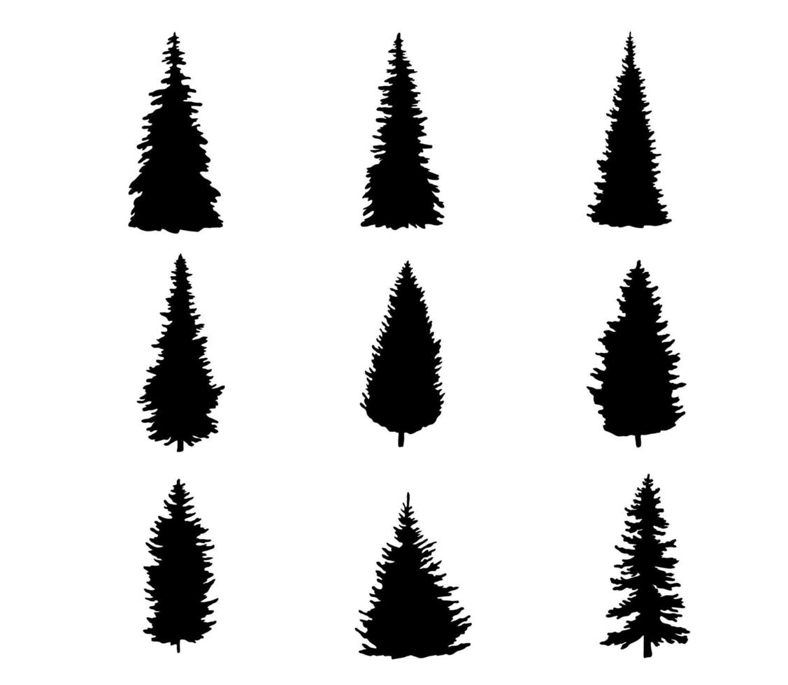 uppsättning av silhuett av tall träd. form av jul träd isolerat på vit bakgrund vektor