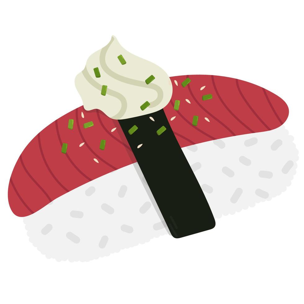 nigiri med tonfisk, lök, sesam.nigiri tuna.sushi i japan vektor