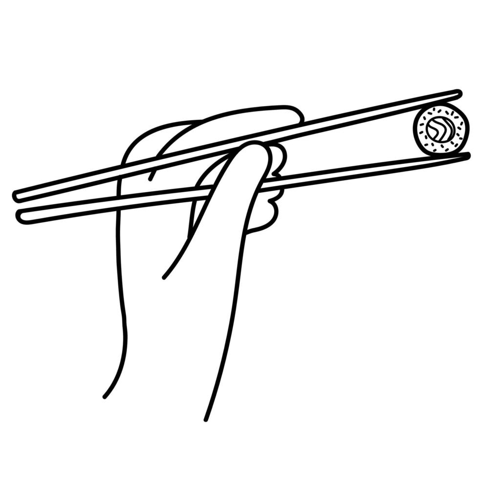 hand, die ein essstäbchen mit sushi-rolle hält. linie kunst-sushi-illustration. vektor