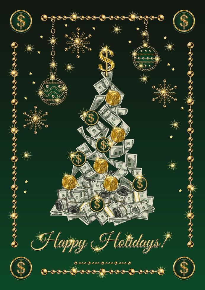 hälsning kort Semester design med kontanter pengar, Smycken guld kedjor. jul träd tillverkad av 100 dollar sedlar, mynt. skinande snöflingor, stjärnor, pärlar på grön bakgrund vektor