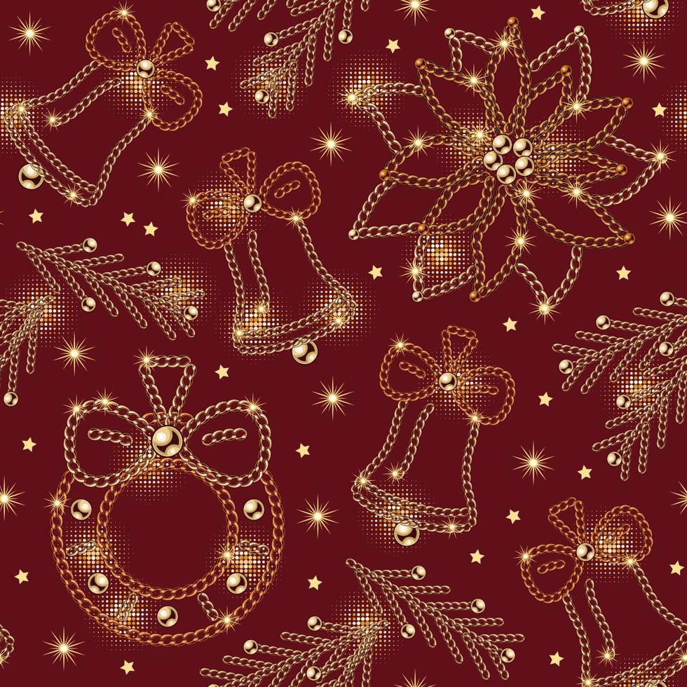 nahtloses muster mit weihnachtsglocken, kranz, weihnachtsstern, fichtenzweig von schmuckgoldketten, glänzenden kugelperlen. kleine sterne, funkeln auf rotem hintergrund für weihnachten, neujahrsfeiertagsdekoration vektor