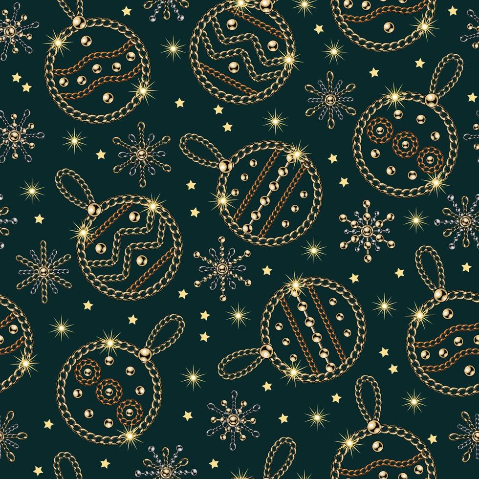 nahtloses muster mit weihnachtskugeln, kleinen schneeflocken aus schmuckgold, silberketten, glänzenden kugelperlen. kleine sterne, funkeln auf grünem hintergrund für weihnachten, neujahrsferienpaketdekoration vektor