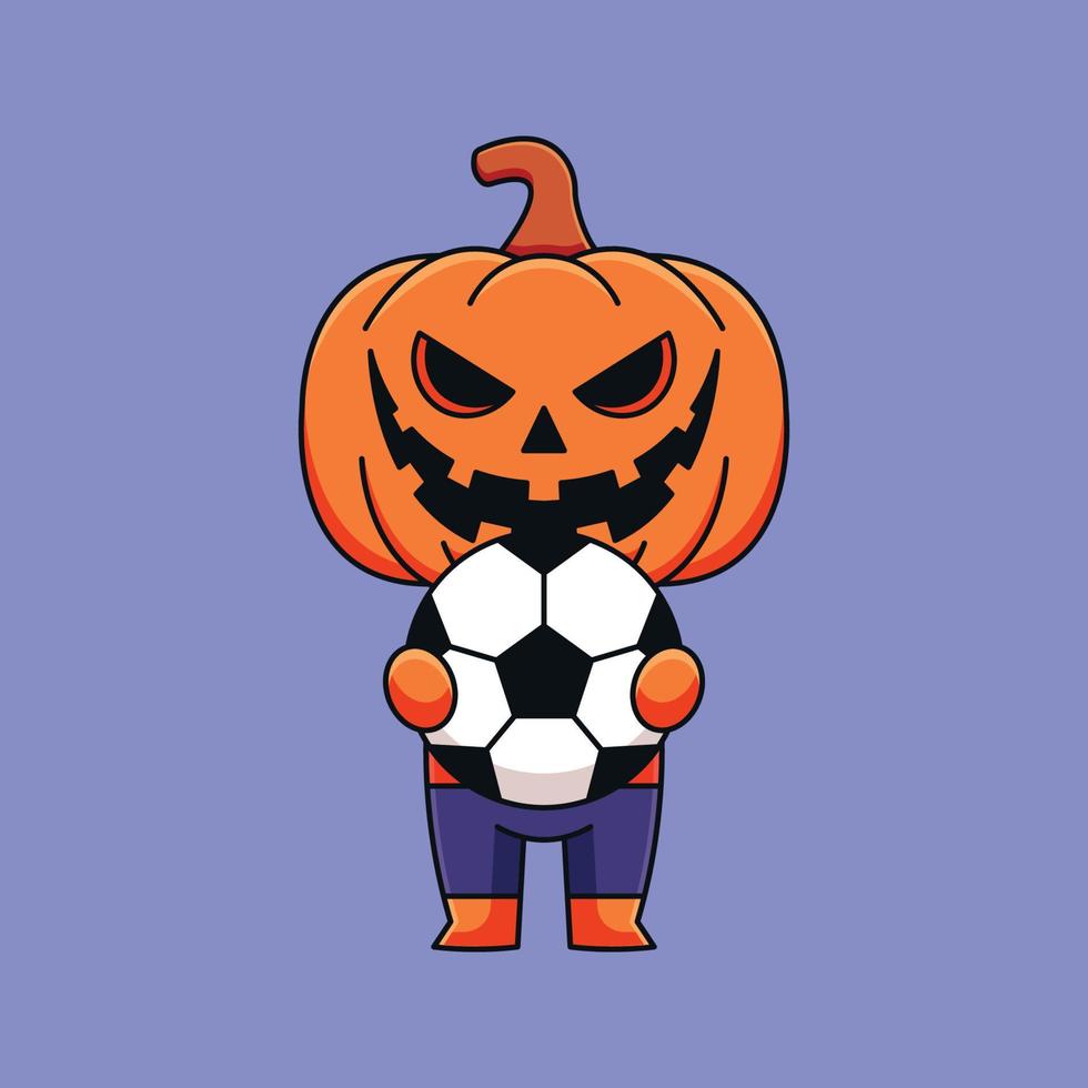 süßer kürbis halloween hält fußball cartoon maskottchen gekritzel kunst hand gezeichnet konzept vektor kawaii symbol illustration