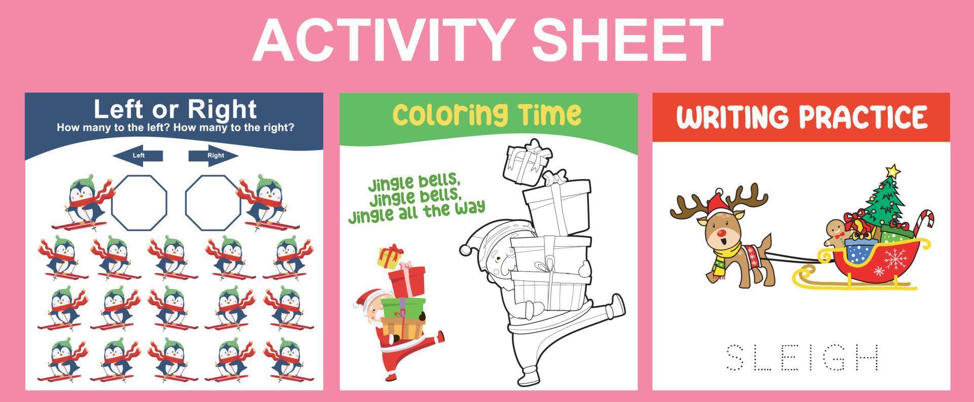 3 i 1 aktivitet ark för barn. pedagogisk tryckbar kalkylblad för förskola. vänster eller höger, färg aktivitet och skrivning öva arbetsblad. vektor illustrationer.