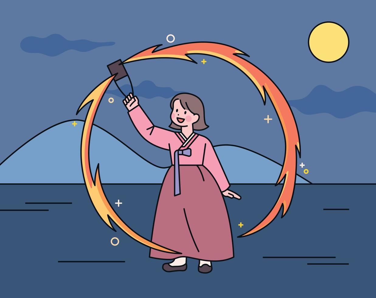 flicka är spelar en traditionell koreanska spel av vändning en kan med en brand i Det. vektor