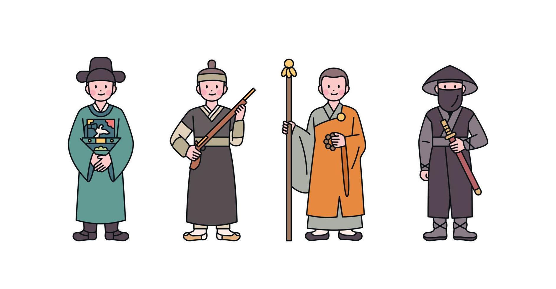 joseon, ett gammal koreanska nation. kontorist, jägare, munk, och lönnmördare tecken. översikt enkel vektor illustration.