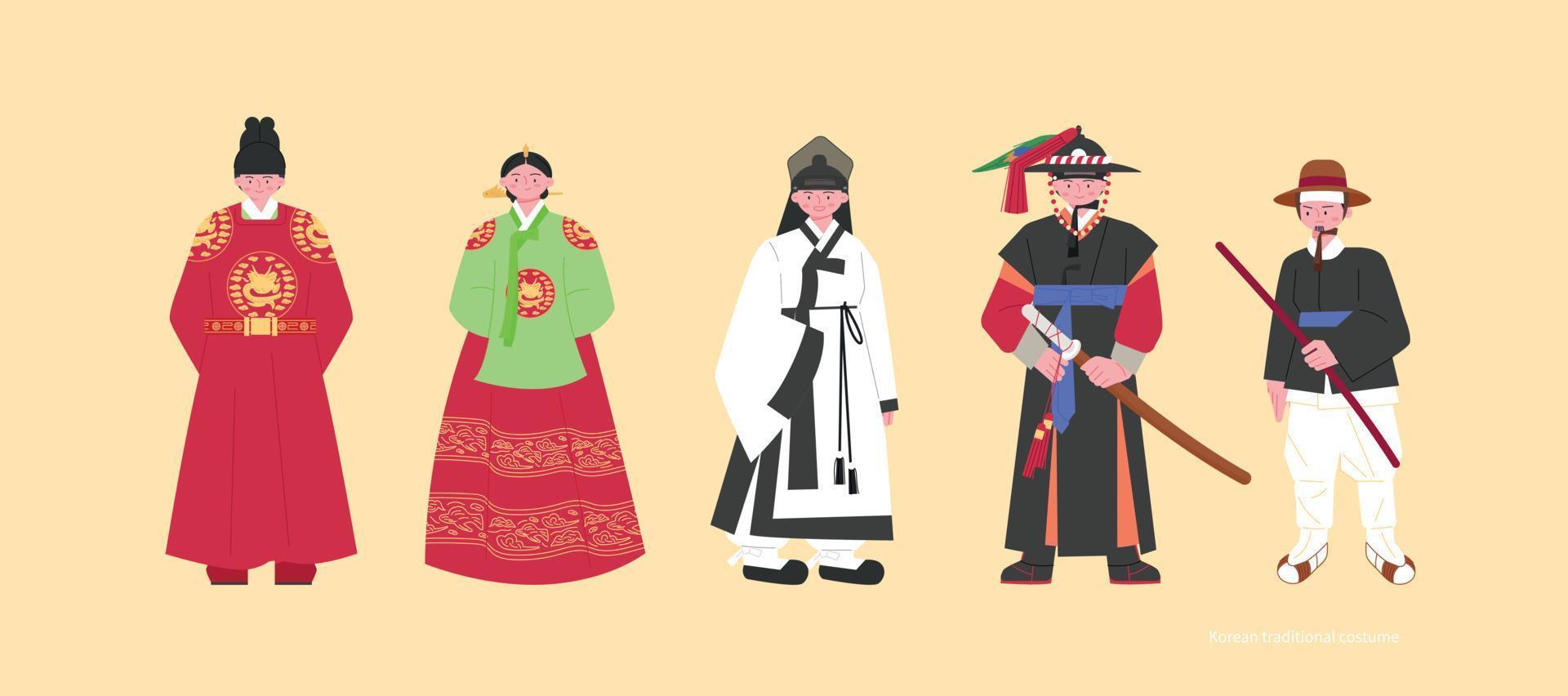 Kostüme der Joseon-Dynastie. Könige und Königinnen, Studenten, Polizeikapitäne und Polizisten. hand gezeichnete vektorillustration. vektor