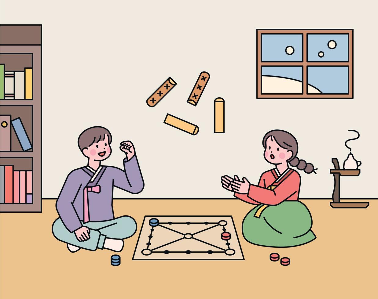 koreanisches traditionelles spiel. Zwei Freunde spielen Yut in ihrem Zimmer. vektor