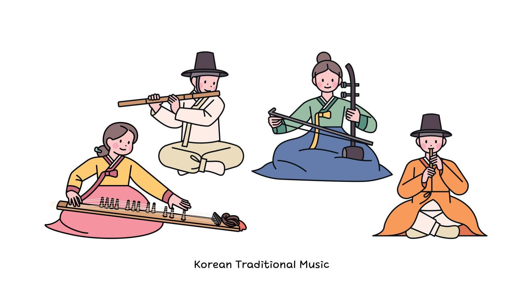 koreanische traditionelle musik. Musiker, die verschiedene Instrumente spielen. vektor