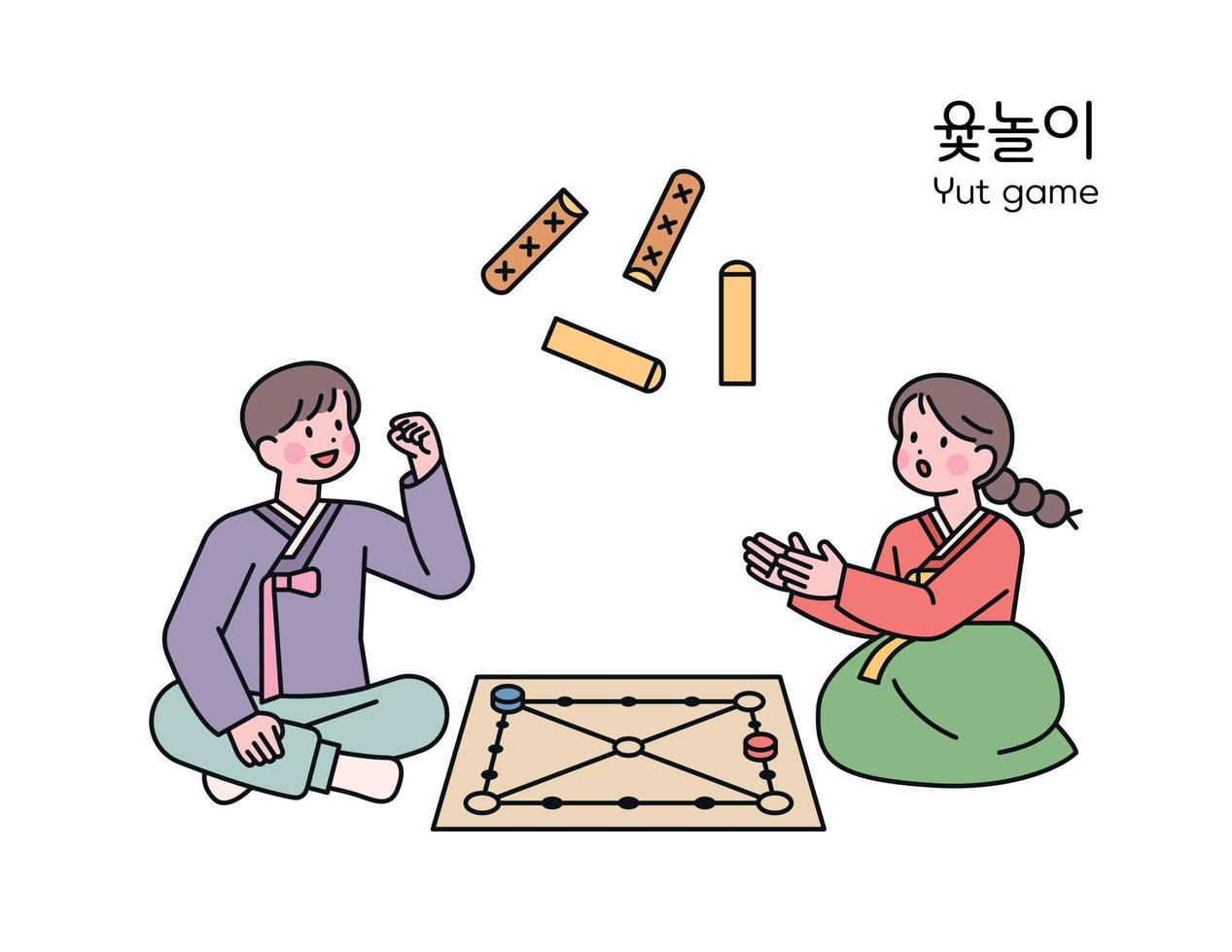 koreanisches traditionelles spiel. Zwei Freunde mit Hanbok spielen Yutnori, ein traditionelles Brettspiel. vektor