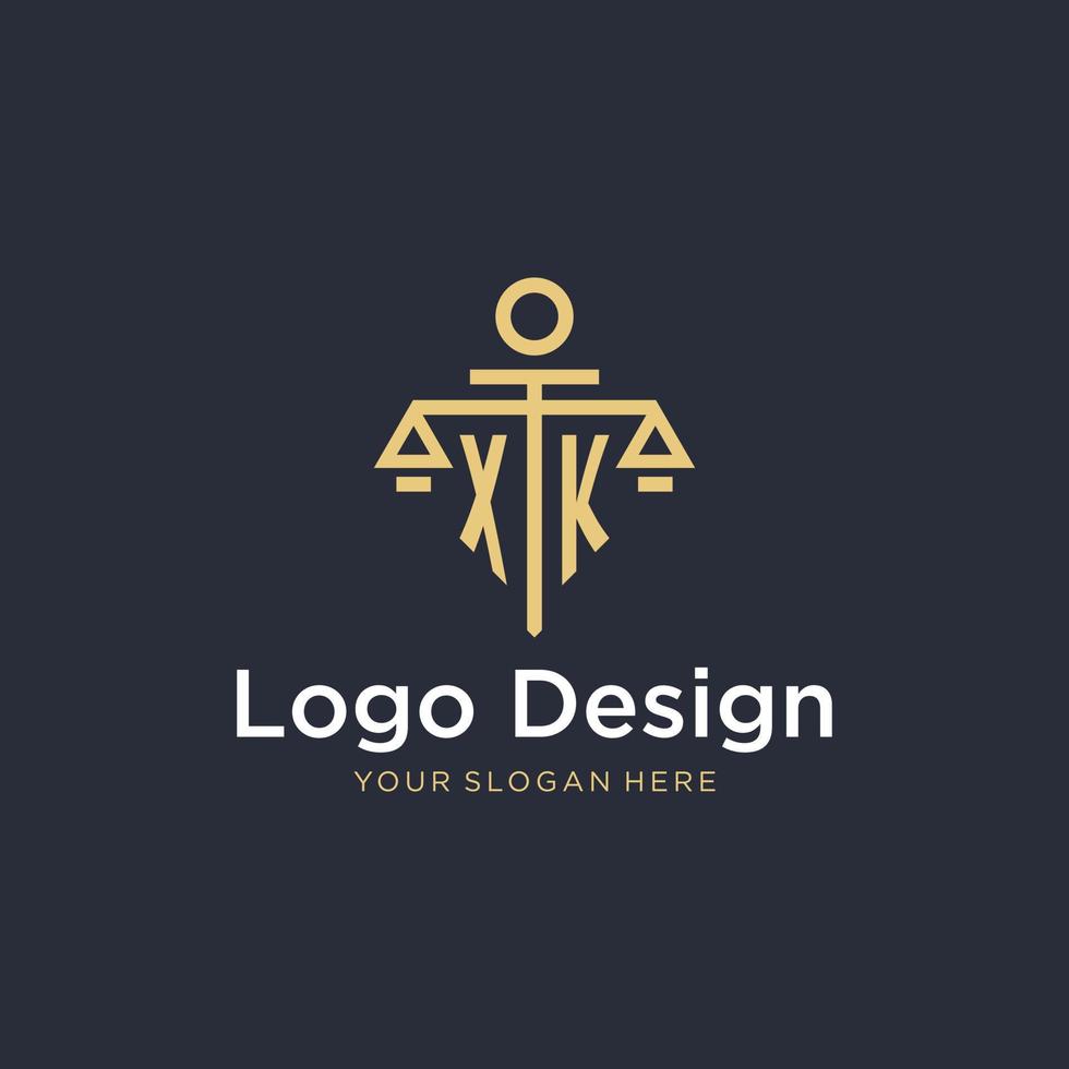xk första monogram logotyp med skala och pelare stil design vektor