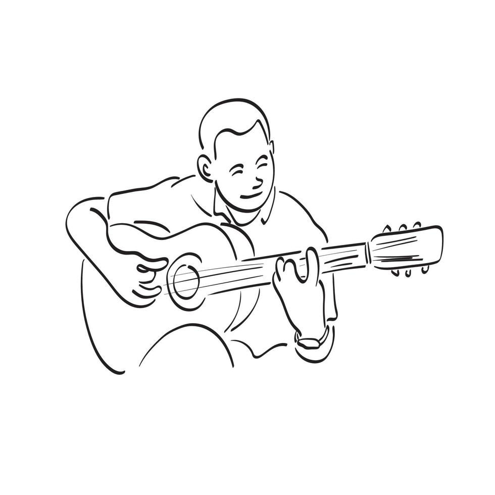 Closeup Mann mit akustischer Gitarre sitzen auf Stuhl Illustration Vektor handgezeichnet isoliert auf weißem Hintergrund Strichzeichnungen.