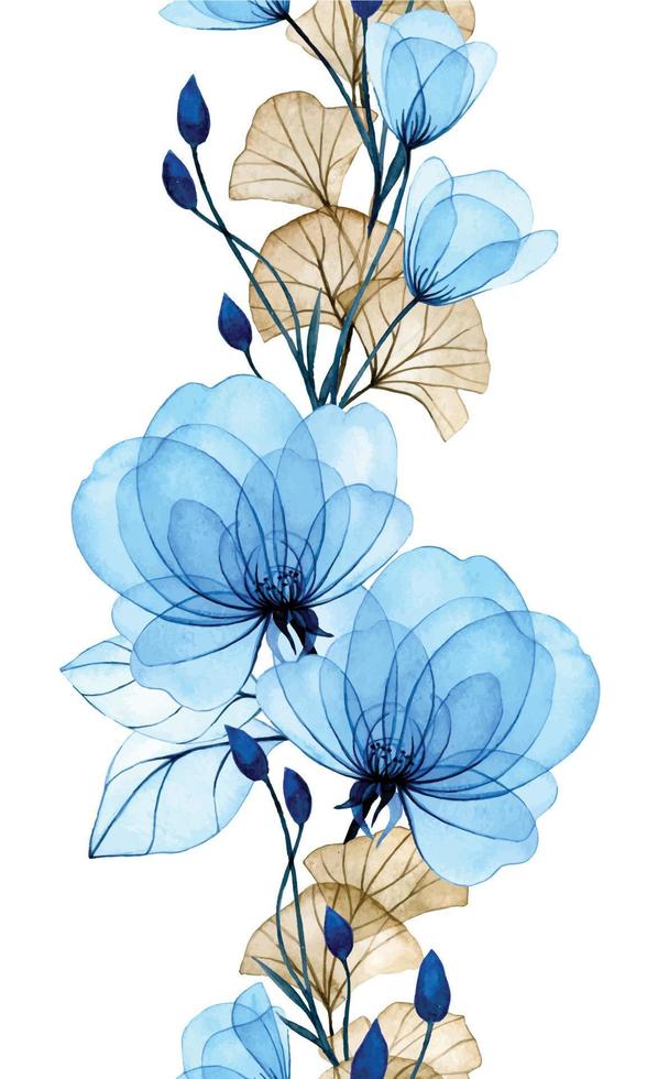 sömlös vattenfärg gräns med transparent reste sig blommor och gingko löv. mild mönster med blå blommor. röntgen vektor