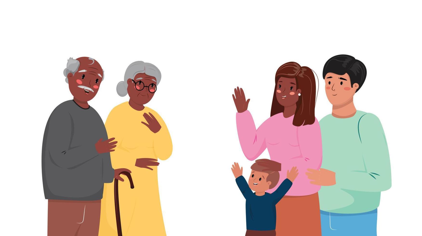 illustration av multinationell farföräldrar, barn och barnbarn. kärlek, familj, mångfald, bindning, generation begrepp illustration med multinationell människor av annorlunda generationer. vektor
