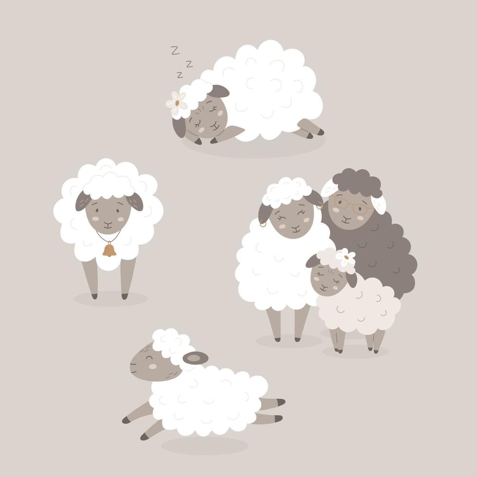 vektor uppsättning av söt tecknad serie fåren stående, Hoppar och liggande lamm ikoner med klocka, blomma, glasögon för barn. bruka djur samling för barn skriva ut