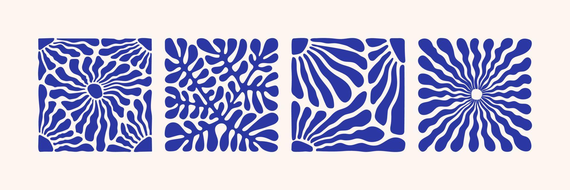 matisse abstrakt blomma konst uppsättning. organisk klotter former i trendig naiv retro stil och blå färger. vektor