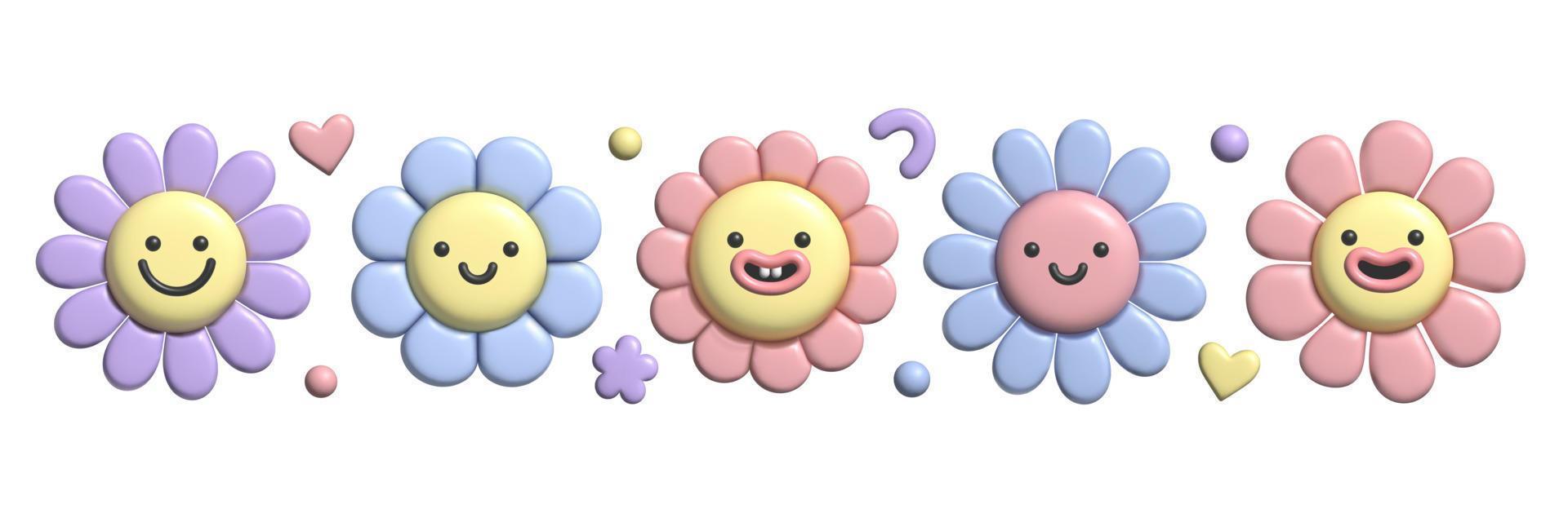 3d pastell blomma uppsättning med plastin effekt. y2k söt leende daisy klistermärken i trendig plast stil. vektor