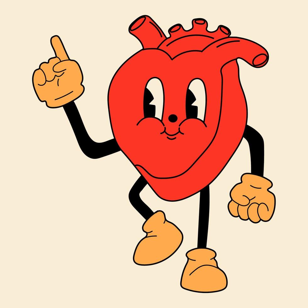 röd hjärta söt maskot med Lycklig ansikte i retro komisk stil. Lycklig valentines dag uppsättning vektor illustration.