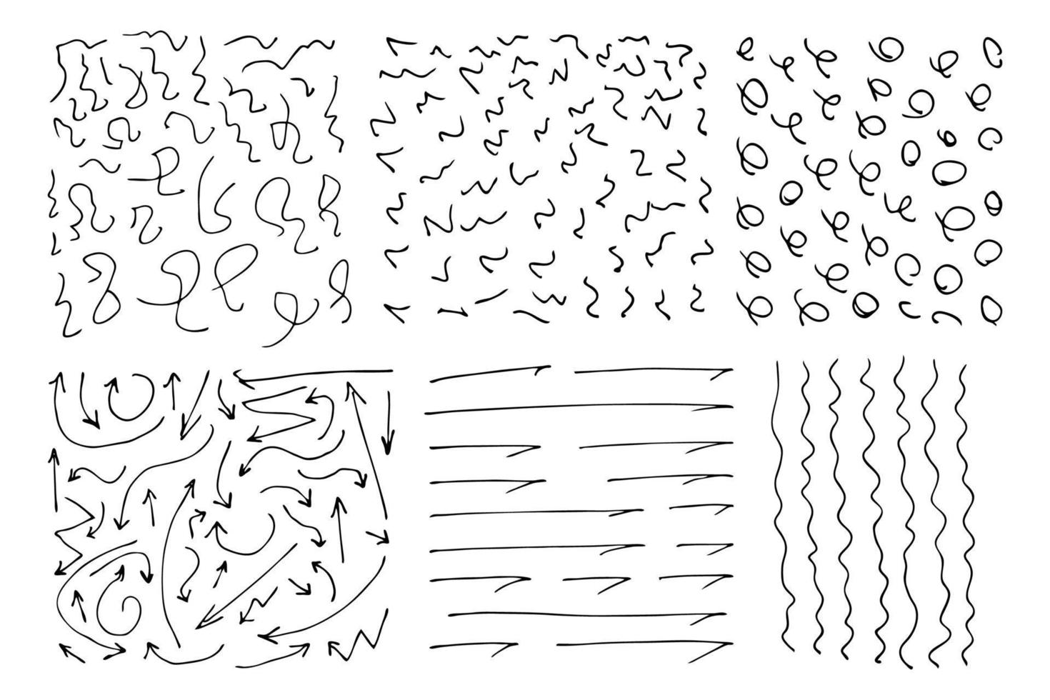 handgezeichnete Schnörkel. große Reihe lockiger Strudel. schwarze Skizze isoliert auf weißem Hintergrund. Vektor-Illustration. vektor