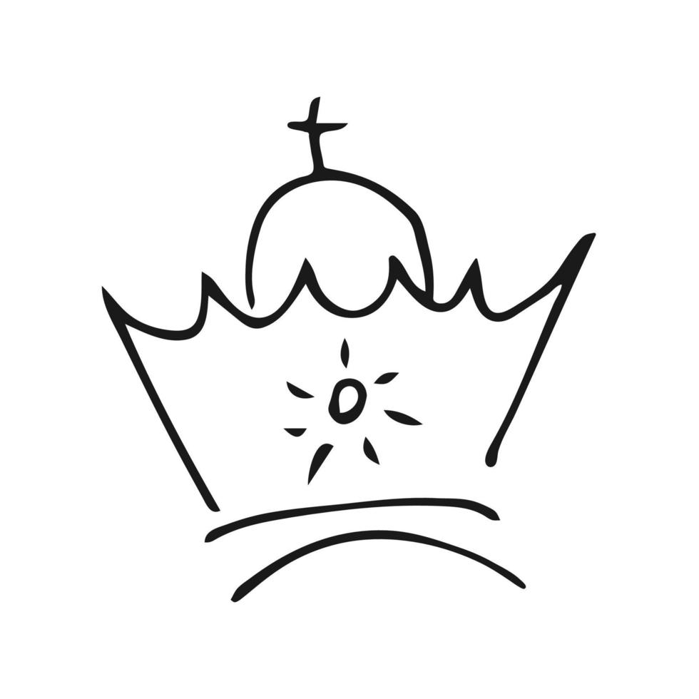 hand dragen krona. enkel graffiti skiss drottning eller kung krona. kunglig kejserlig kröning och monark symbol. svart borsta klotter isolerat på vit bakgrund. vektor illustration.