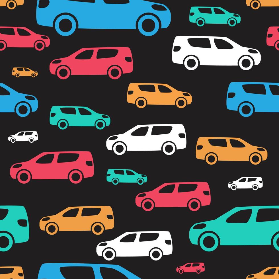 Nahtloses Muster mit bunten Autos auf dunklem Hintergrund. Vektor-Illustration. vektor