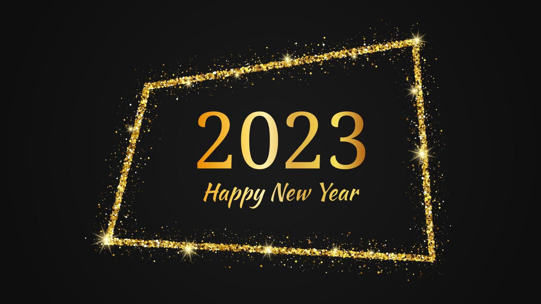 2023 Lycklig ny år bakgrund. guld inskrift i en guld glitter ram för jul Semester hälsning kort, flygblad eller affischer. vektor illustration
