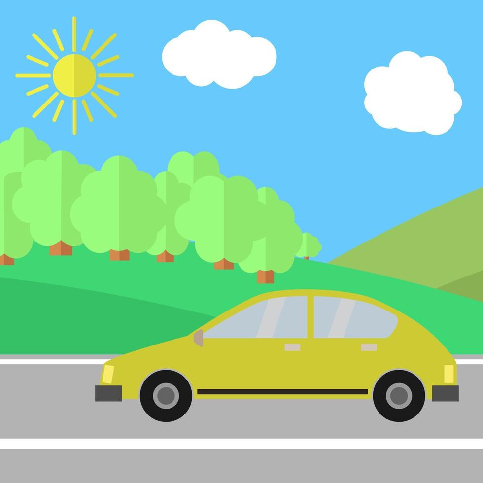 gul bil på en väg på en solig dag. sommar resa illustration. vektor