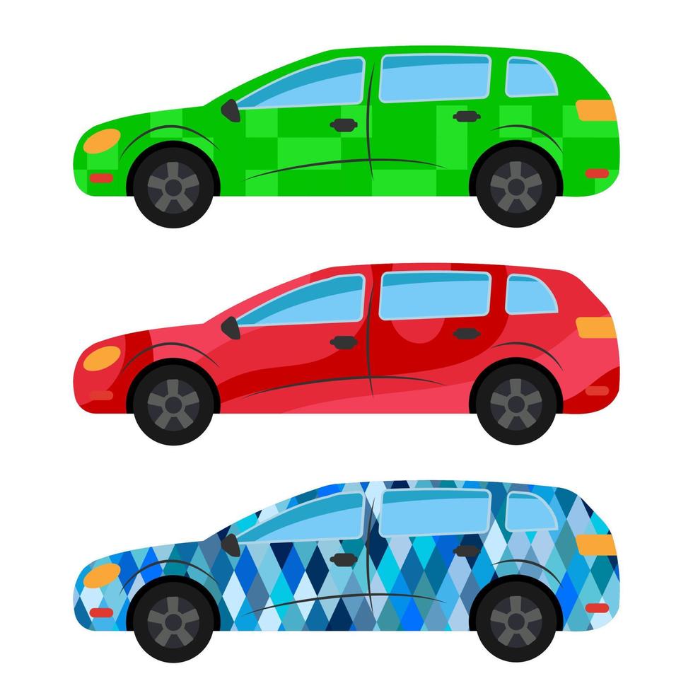 en uppsättning av tre bilar målad i annorlunda färger. vektor illustration