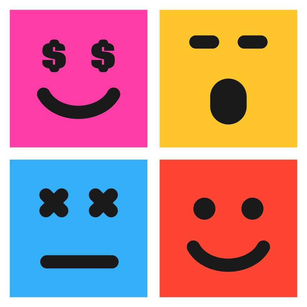 uppsättning av fyra färgrik uttryckssymboler med smiley, överraskad och missnöjd ansikten. emoji ikon i fyrkant. platt bakgrund mönster. vektor illustration