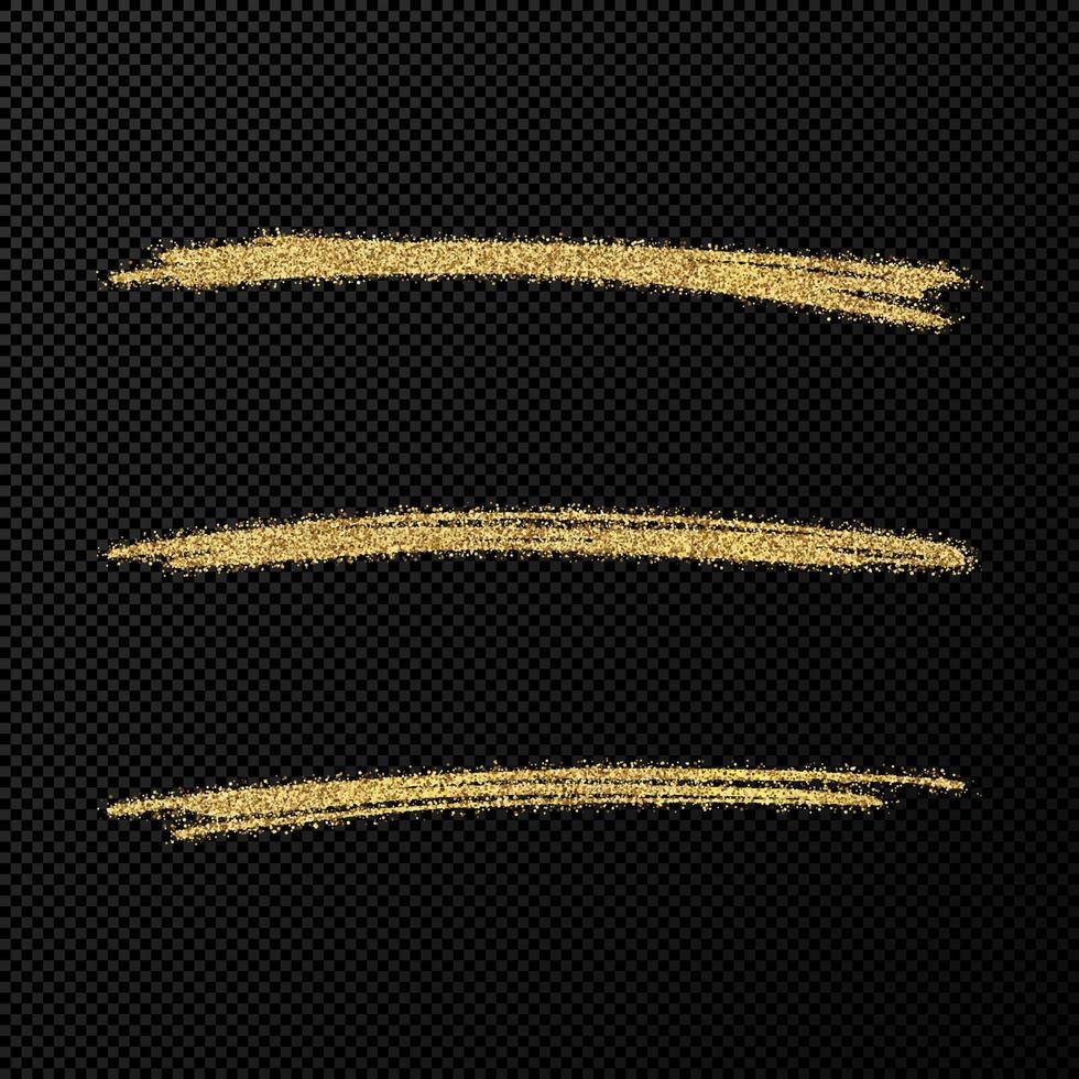 abstrakt skinande konfetti glittrande vågor. uppsättning av tre hand dragen borsta gyllene stroke på svart transparent bakgrund. vektor illustration