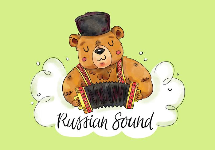 Netter russischer Bär, der Harmonika mit grünem Hintergrund spielt vektor